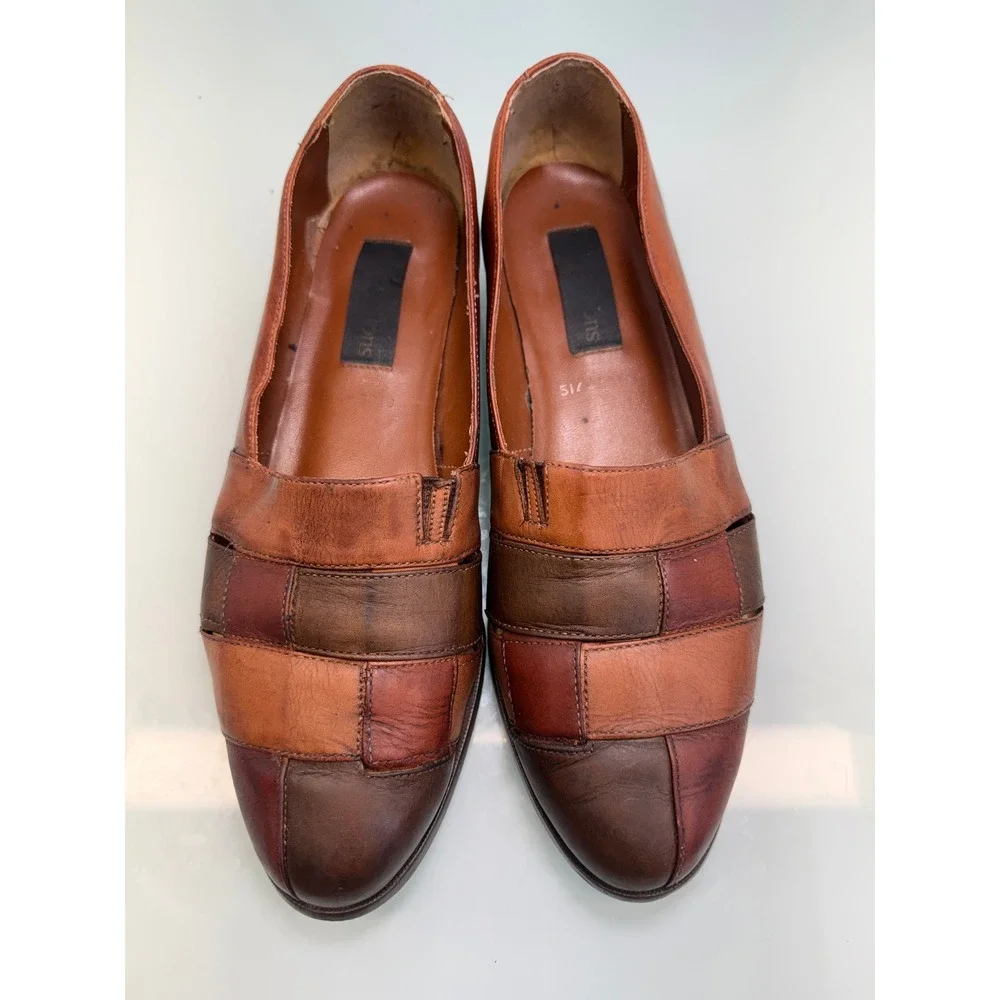 Vintage Colorblock Leather Loafers Women 9.5 Brown Patchwork 90s Retro Eclectic‎